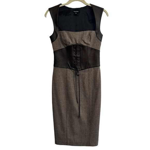 BEBE VINTAGE CORSETED LEATHER TWEED PENCIL DRESS SIZE 4 - Picture 4 of 16